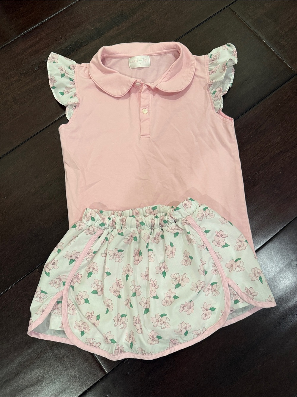 Girls Pink Floral Matching Set - Sleeveless Polo Top & Skirt